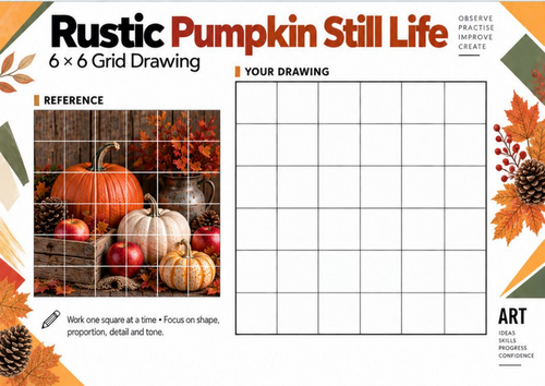 Rustic Pumpkin Still Life Grid Drawing Worksheet | KS3 KS4 Art