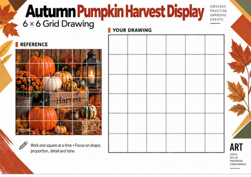 Autumn Pumpkin Harvest Display Grid Drawing Worksheet | KS3 KS4