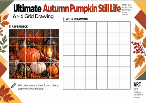 Ultimate Autumn Pumpkin Still Life Grid Drawing Worksheet | KS3 KS4