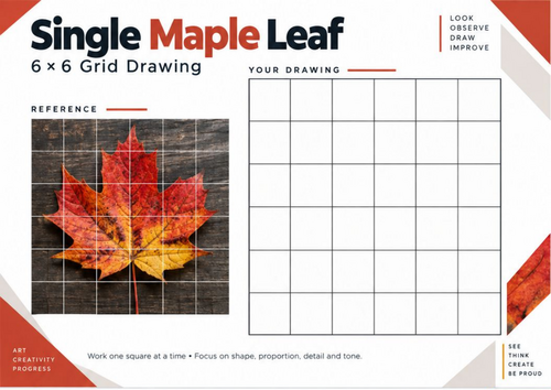Single Maple Leaf Grid Drawing Worksheet | Autumn Art | KS3 & KS4