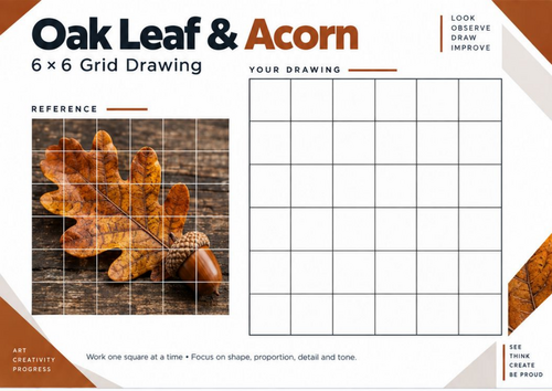 Oak Leaf & Acorn Grid Drawing Worksheet | Autumn Art | KS3 & KS4