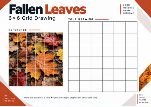 Fallen Leaves Grid Drawing Worksheet | Autumn Drawing Activity | KS3 & KS4