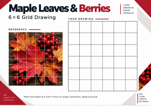 Maple Leaves & Berries Grid Drawing Worksheet | Autumn Art | KS3 & KS4