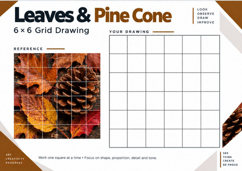Leaves & Pine Cone Grid Drawing Worksheet | Autumn Nature Art | KS3 & KS4