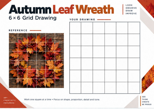 Autumn Leaf Wreath Grid Drawing Worksheet | Seasonal Art | KS3 & KS4
