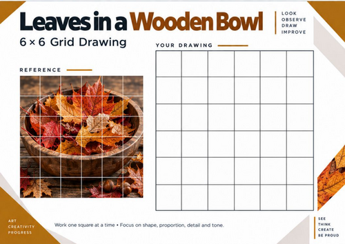 Leaves in a Wooden Bowl Grid Drawing Worksheet | Autumn Still Life | KS3 & KS4