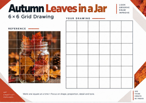 Autumn Leaves in a Jar Grid Drawing Worksheet | Still Life Art | KS3 & KS4