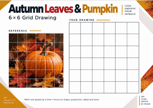 Autumn Leaves & Pumpkin Grid Drawing Worksheet | Autumn Art | KS3 & KS4