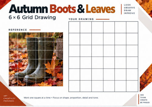 Autumn Boots & Leaves Grid Drawing Worksheet | Seasonal Art | KS3 & KS4