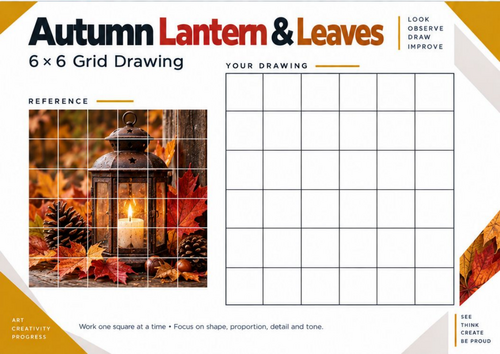 Autumn Lantern & Leaves Grid Drawing Worksheet | Seasonal Still Life | KS3 & KS4