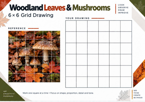 Woodland Leaves & Mushrooms Grid Drawing Worksheet | Autumn Art | KS3 & KS4
