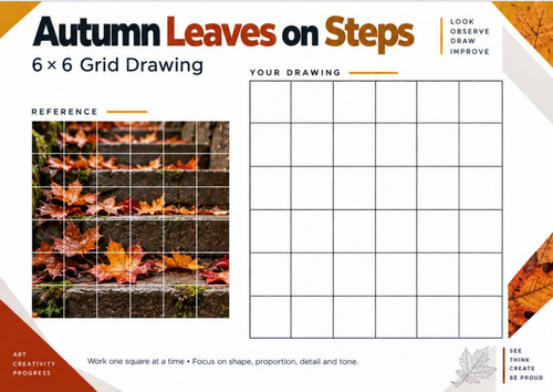 Autumn Leaves on Steps Grid Drawing Worksheet | Autumn Art | KS3 & KS4
