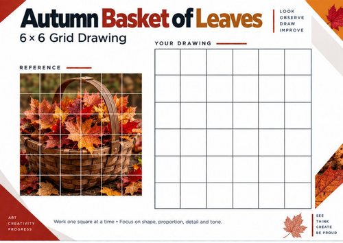 Autumn Basket of Leaves Grid Drawing Worksheet | Seasonal Still Life | KS3 & KS4