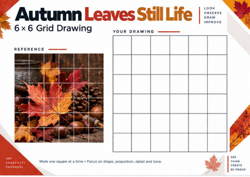 Autumn Leaves Still Life Grid Drawing Worksheet | Seasonal Art | KS3 & KS4