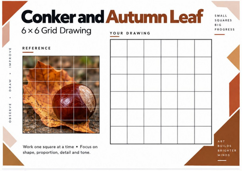 Conker & Autumn Leaf Grid Drawing Worksheet | Autumn Art | KS3 & KS4