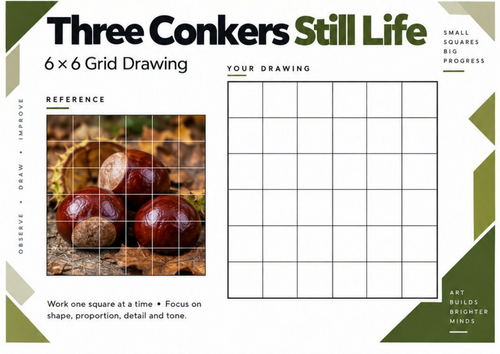 Three Conkers Still Life Grid Drawing Worksheet | KS3 & KS4 Art
