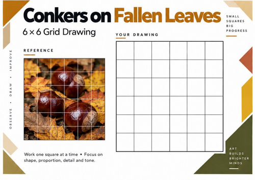 Conkers on Fallen Leaves Grid Drawing Worksheet | Autumn Art | KS3 & KS4