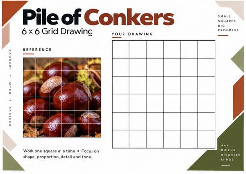 Pile of Conkers Grid Drawing Worksheet | Autumn Still Life | KS3 & KS4 Art