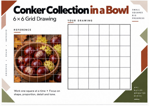 Conker Collection in a Bowl Grid Drawing Worksheet | Still Life | KS3 & KS4