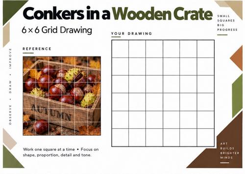 Conkers in a Wooden Crate Grid Drawing Worksheet | Autumn Art | KS3 & KS4