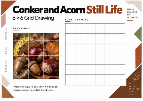 Conker & Acorn Still Life Grid Drawing Worksheet | Autumn Art | KS3 & KS4
