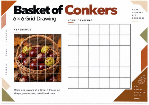 Basket of Conkers Grid Drawing Worksheet | Autumn Still Life | KS3 & KS4