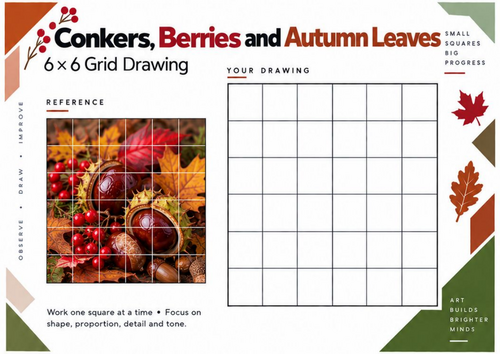 Conkers, Berries & Autumn Leaves Grid Drawing Worksheet | KS3 & KS4 Art