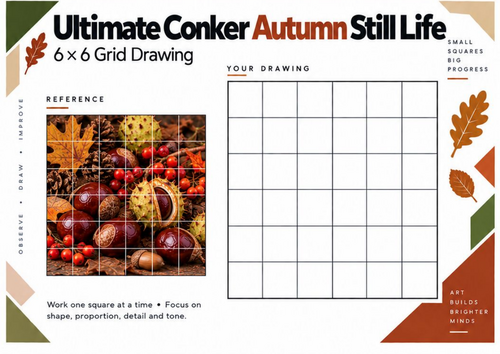 Ultimate Conker Autumn Still Life Grid Drawing Worksheet | KS3 & KS4 Art
