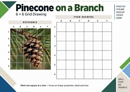Pinecone on a Branch Grid Drawing Worksheet | KS3 & KS4 Art