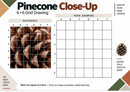 Pinecone Close-Up Grid Drawing Worksheet | Texture & Detail | KS3 & KS4