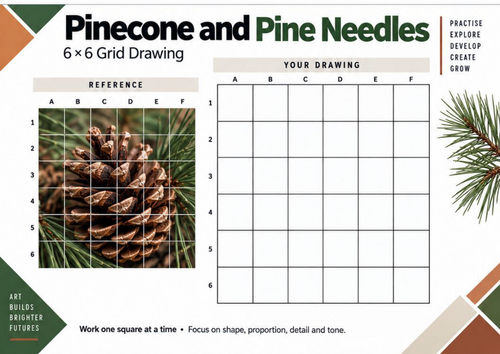 Pinecone and Pine Needles Grid Drawing Worksheet | KS3 & KS4 Art