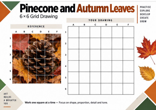 Pinecone and Autumn Leaves Grid Drawing Worksheet | KS3 & KS4 Art