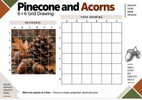 Pinecone and Acorns Grid Drawing Worksheet | Autumn Art | KS3 & KS4