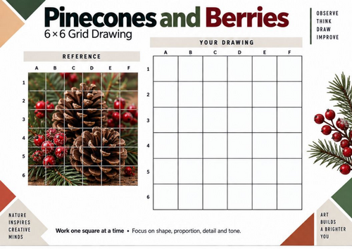 Pinecones and Berries Grid Drawing Worksheet | Seasonal Art | KS3 & KS4