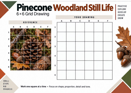 Pinecone Woodland Still Life Grid Drawing Worksheet | KS3 & KS4 Art