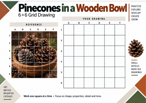 Pinecones in a Wooden Bowl Grid Drawing Worksheet | KS3 & KS4 Art