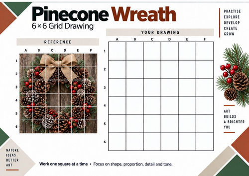 Pinecone Wreath Grid Drawing Worksheet | Autumn & Winter Art | KS3 & KS4