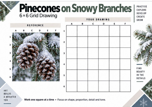 Pinecones on Snowy Branches Grid Drawing Worksheet | Winter Art | KS3 & KS4