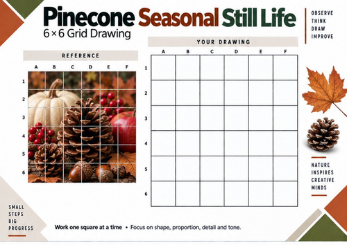 Pinecone Seasonal Still Life Grid Drawing Worksheet | KS3 & KS4 Art