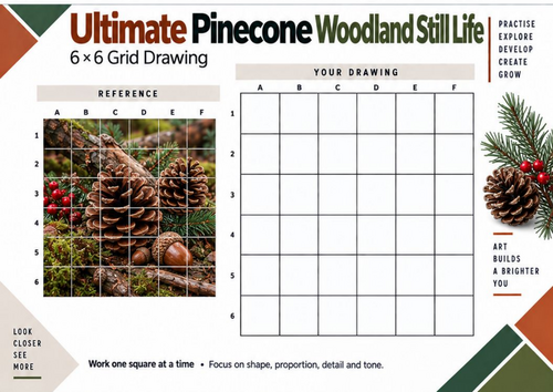 Ultimate Pinecone Woodland Still Life Grid Drawing Worksheet | KS3 & KS4