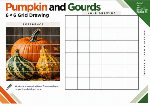 Pumpkin and Gourds Grid Drawing Worksheet | Autumn Art | KS3 & KS4