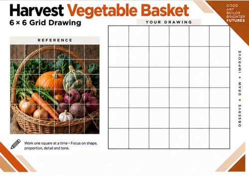 Harvest Vegetable Basket Grid Drawing Worksheet | Autumn Art | KS3 & KS4