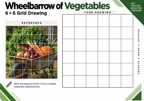 Wheelbarrow of Vegetables Grid Drawing Worksheet | Harvest Art | KS3 & KS4