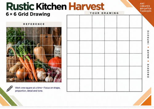 Rustic Kitchen Harvest Grid Drawing Worksheet | Autumn Art | KS3 & KS4