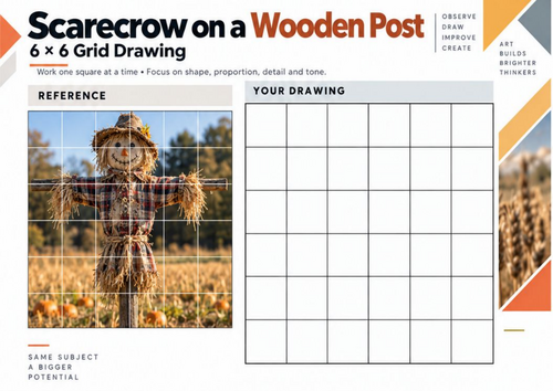 Scarecrow on a Wooden Post – Grid Drawing Worksheet | KS3 & KS4 Art