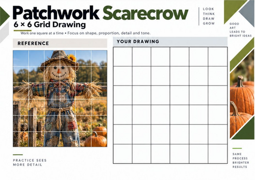 Patchwork Scarecrow – Grid Drawing Worksheet | KS3 & KS4 Art