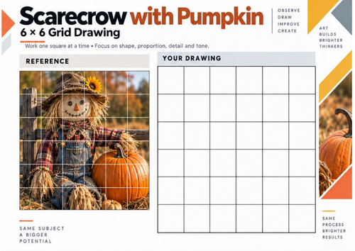 Scarecrow with Pumpkin – Grid Drawing Worksheet | KS3 & KS4 Art