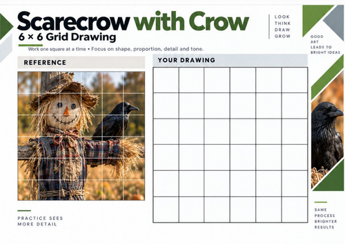 Scarecrow with Crow – Grid Drawing Worksheet | KS3 & KS4 Art