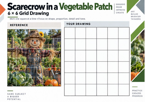 Scarecrow in a Vegetable Patch – Grid Drawing Worksheet | KS3 & KS4 Art