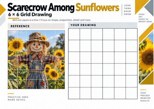 Scarecrow Among Sunflowers – Grid Drawing Worksheet | KS3 & KS4 Art